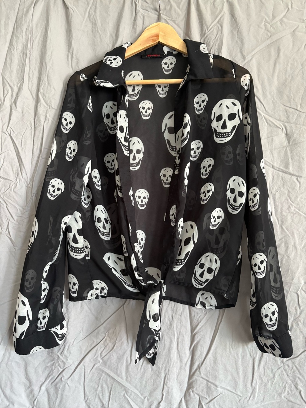 Women’s Black Sheer Skull Tie-Front Collared Shirt